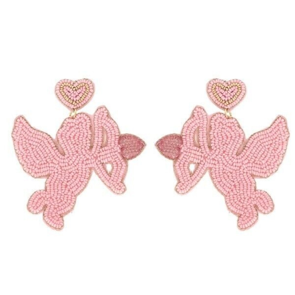 VALENTINES LIGHT PINK CUPID WITH LOVE ARROW SEED BEAD‎ FELT BACK DANGLE EARRINGS